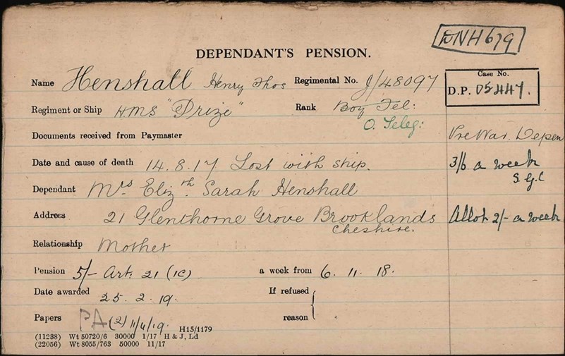 The Pension Card For Thomas Henry Henshall
