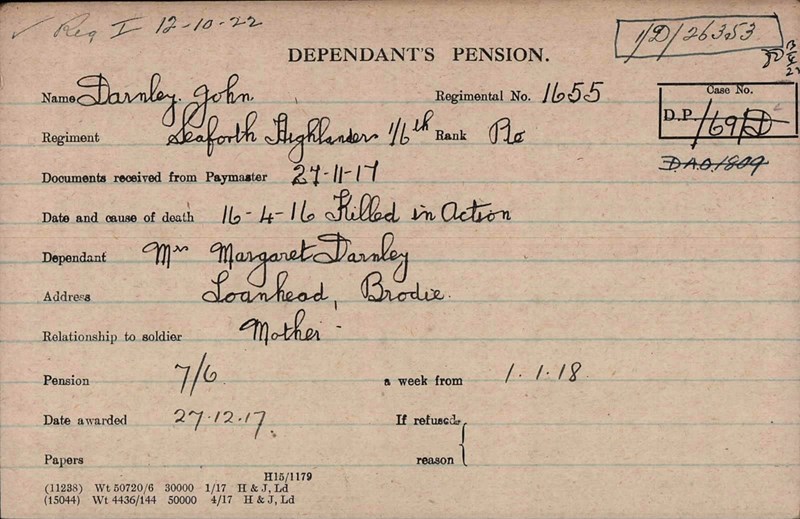 Pension Record Card For John Darnley