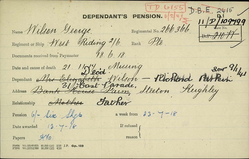 George Wilson's Pension Record Card