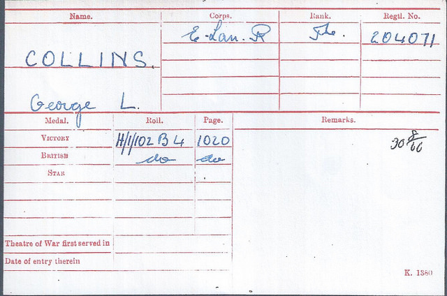 Medal Card For George Collins