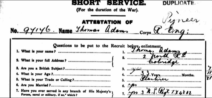 The Attestation Papers Of Adams Into The Royal Engineers