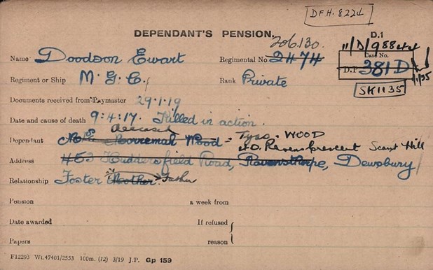 Ewart Doodson Pension Card 1
