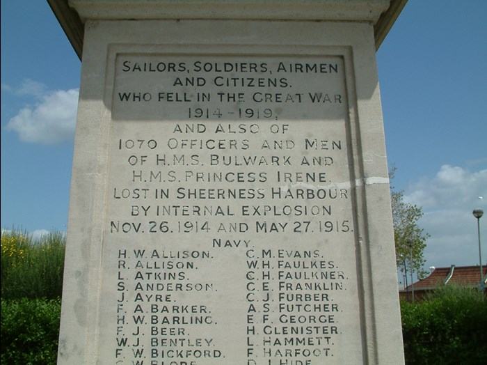 Sheerness War Memorial Commemorates The 1070 Men Lost On The Bulwark And Princess Irene