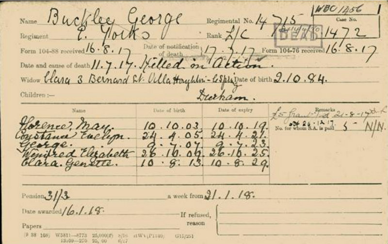 George Buckley Pension Record Card