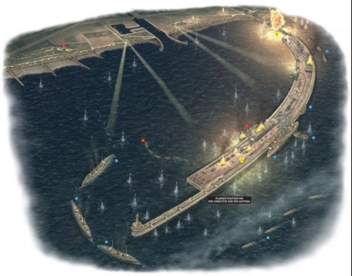Artist’S Impression Of The Zeebrugge Mole Showing The Actual Position Of HMS Vindictive