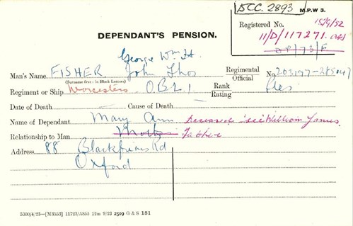 George Fisher And John Thomas Fisher Pension Record Card