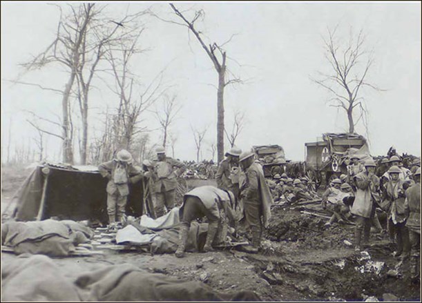 An advanced dressing station during the First World War, where the wounded received emergency treatment. [National Library of Scotland reference: Acc.3155/Phot.C.1522]