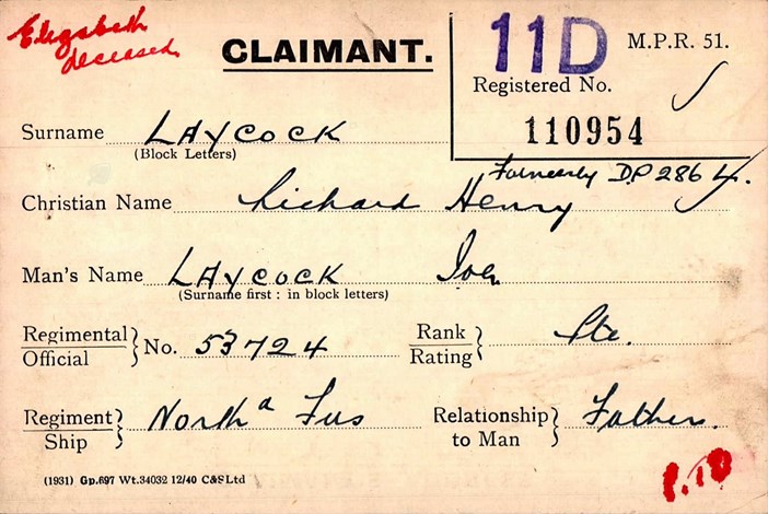 Joseph Laycock Widows And Dependants Card