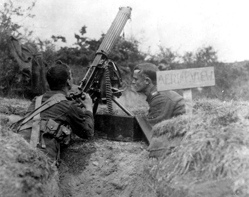 Two British Soldiers Man A Vickers Machine Gun During World War I