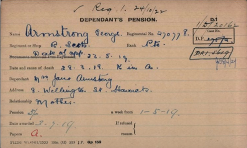 George Armstrong Pension Card