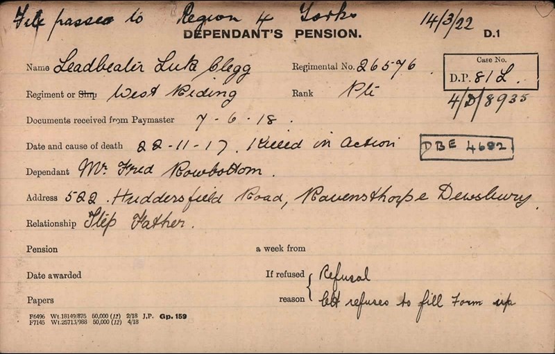 Pension Record Card For Luke Leadbeater