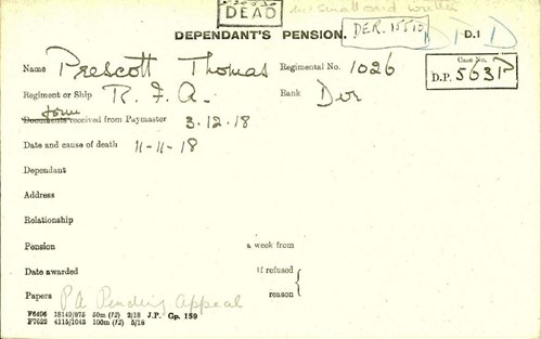 Thomas Prescott Pension Record Card