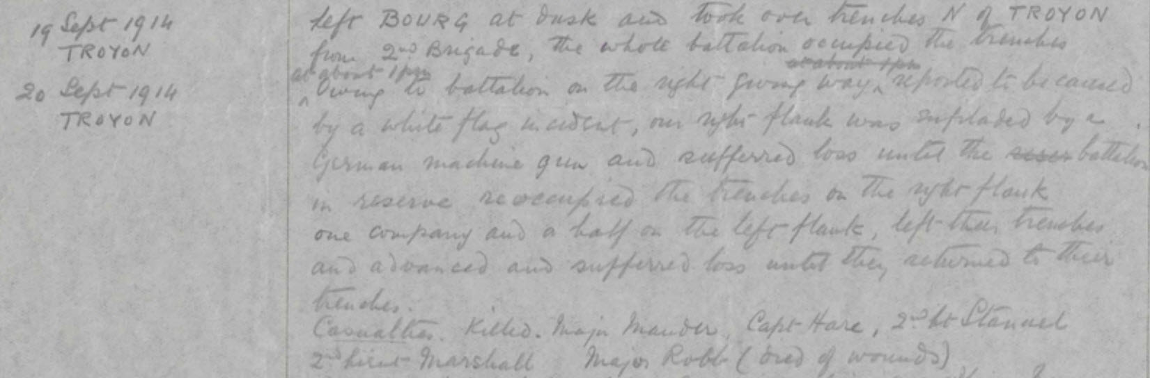 Battalion War Diary For 20 September 1914