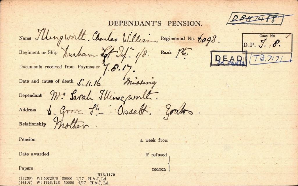 Charles Illingworth Pension Record Card