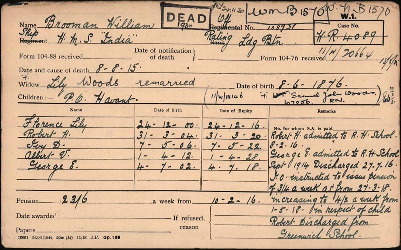 Pension Card For William Brooman