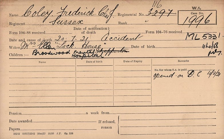 Card For Ellen, Widow Of Frederick Coley