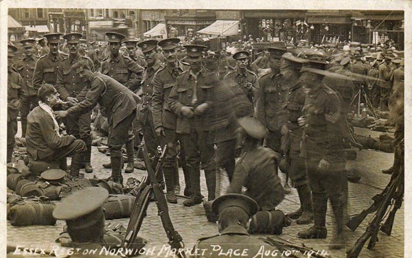 Members of the Essex Regiment on 10 August 1914 in Norwich market place.