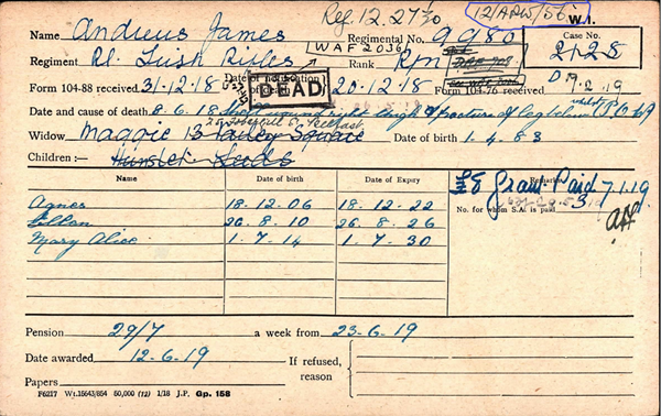 James Andrews Pension Record Card