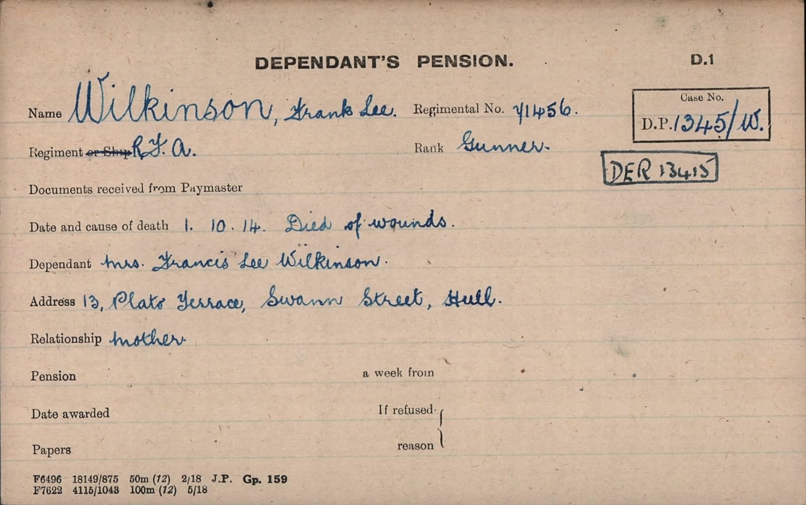 Pension Card For Frank Wilkinson