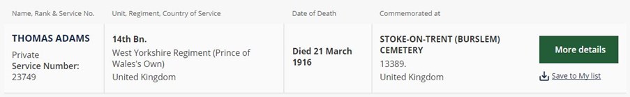 The CWGC Entry For Adams