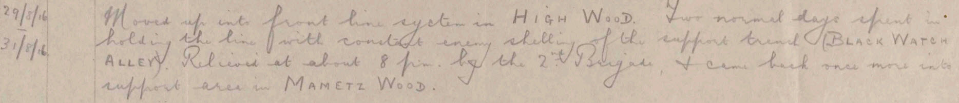 Battalion War Diary For 30 August 1916