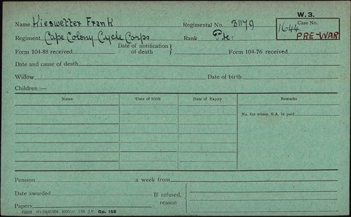 Frank Kieswetter Pension Record Card