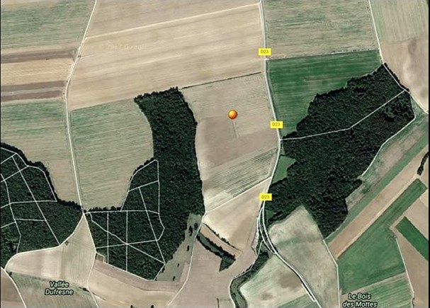 An Aerial Of Hangard Wood Today. The Orange Dot Is Approximately Where Col Dewing Was Killed.