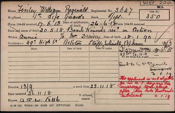 William Reginald Finley Pension Card