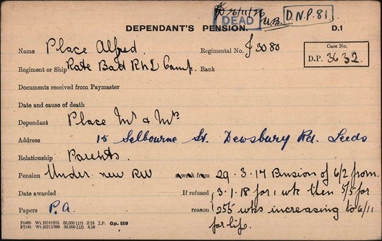 Pension Record Card Showing Alfred’S Parents Details