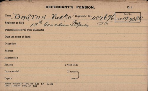 Frederick Barton Pension Record Card