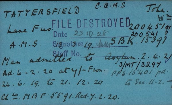 John Tattersfield 'Other Ranks Survived' Card