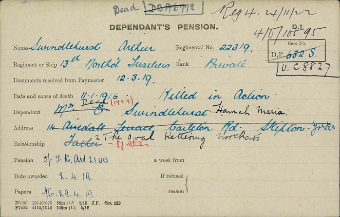 Arthur Swindlehurst Pension Card