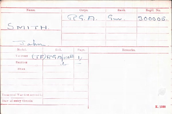 John Smith Medal Index Card