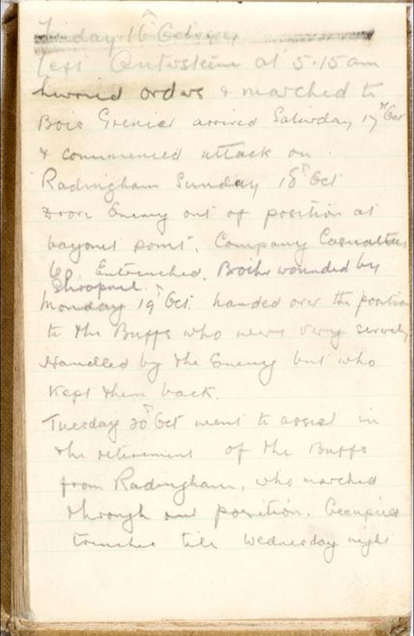 Sgt Lewis Sylvester's Diary Entry, Courtesy Rotherham Heritage Services York And Lancaster Archive (Collection 578 K). Royal Armouries FWWAP