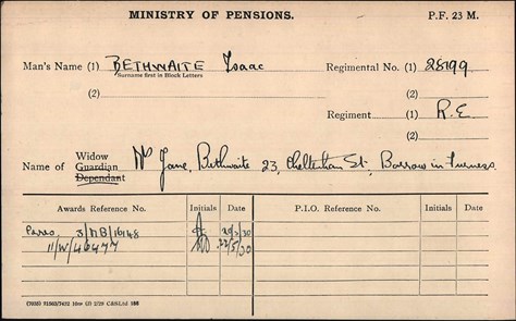 Isaac Bethwaite Pension Record Card (1)