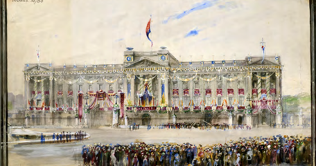 Buckingham Palace Decorated For The Victory Parade