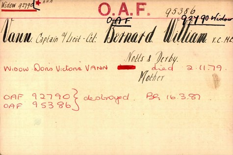 Bernard Vann Pension Record Card