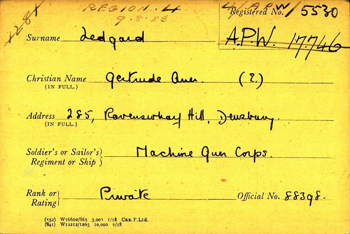 Ernest Ledgard ‘Widows And Dependents’ Card