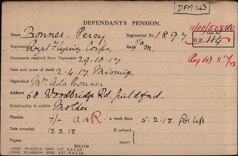 Percy Bonner Pension Record Card