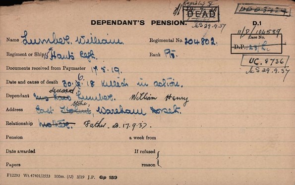 The Pension Card For Private William Lumber
