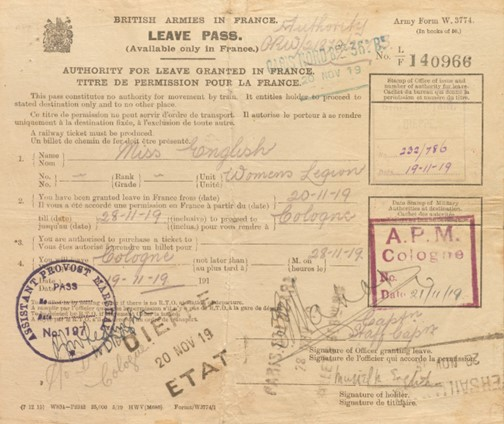 Muriel’S Leave Pass For Her Visit To Cologne In November 1919