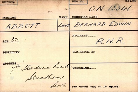 Lt Bernard Edwin Abbott Pension Record Card