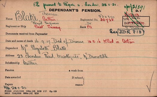 Thomas And Arthur Blake Pension Record Card
