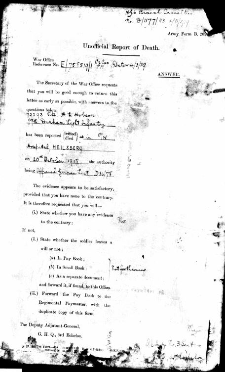 Arthur Hobson Unofficial Notification Of Death