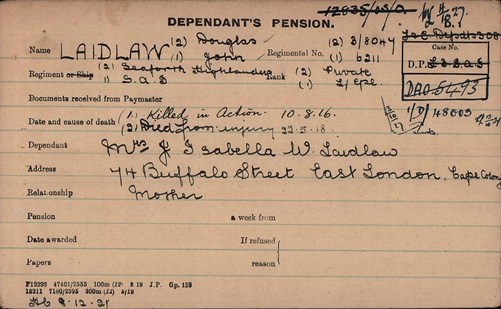 John Laidlaw Pension Record Card