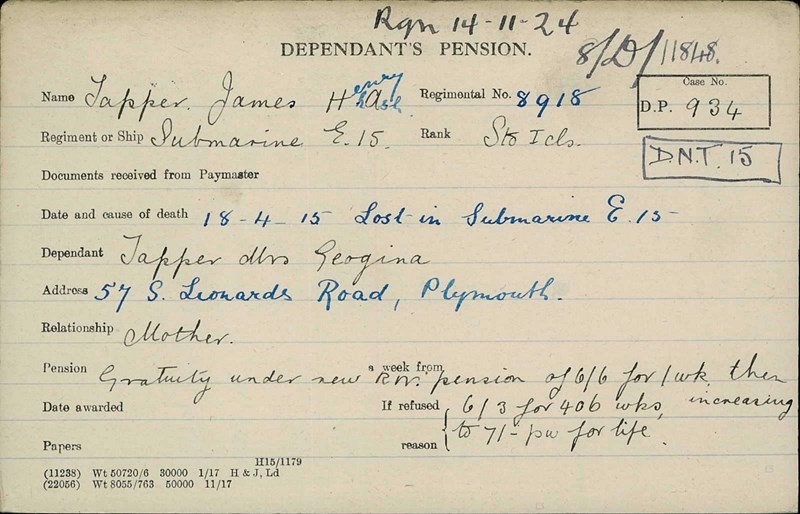 The Pension Record Card Of James Tapper, Stoker On E15.