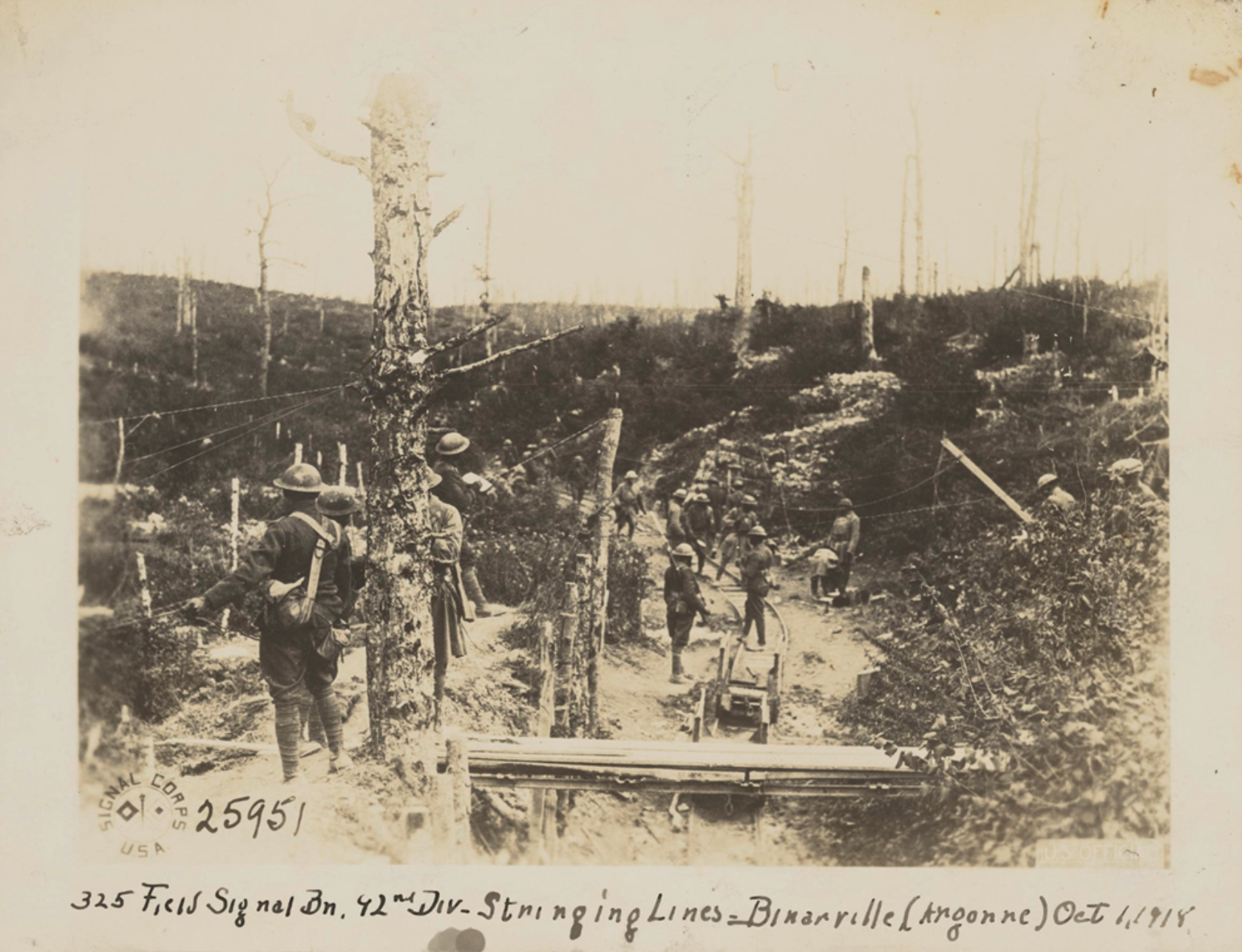 325 Field Signal Bn. 92Nd Div Stringing Lines. Binarville (Argonne) Oct 1, 1918.