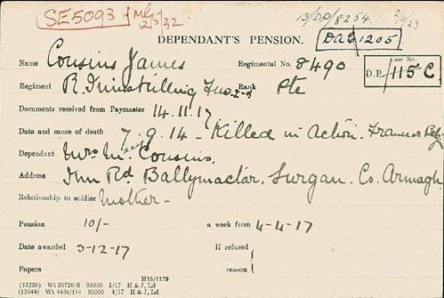 James Cousins Pension Record Card