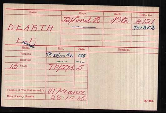 The Medal Index Card For Ernest Dearth.