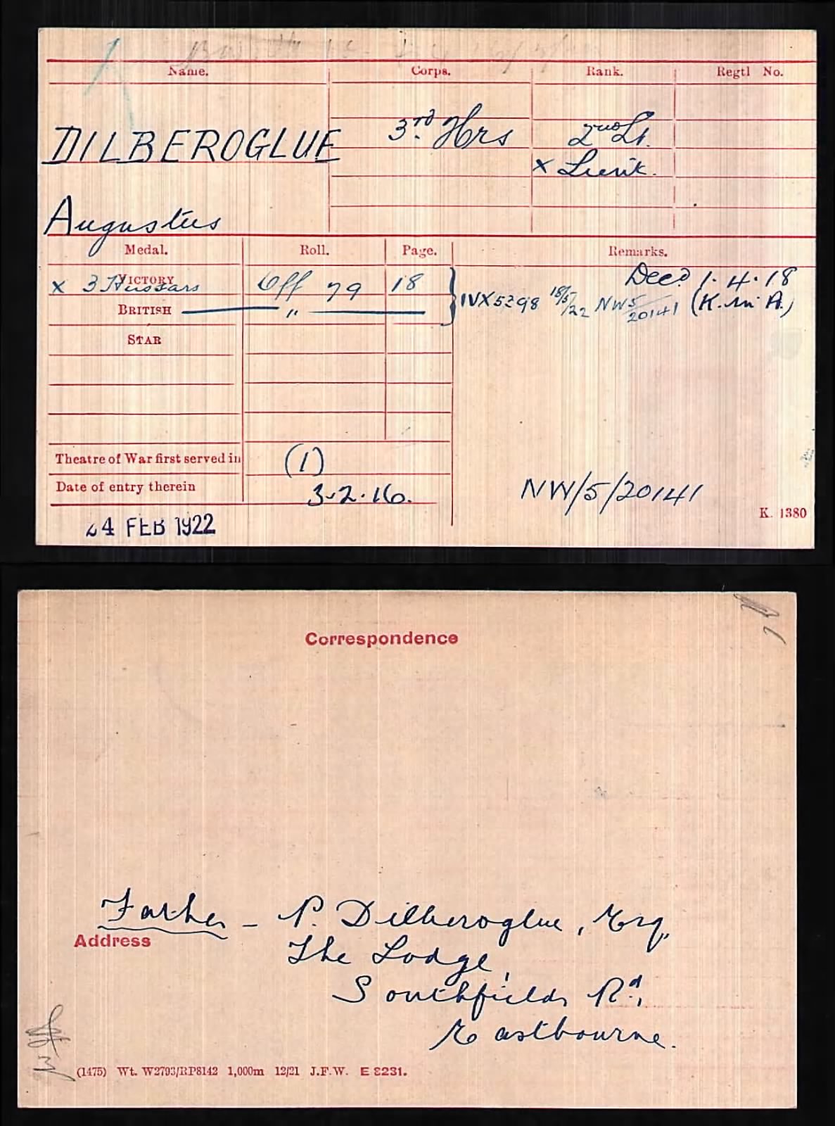 Augustus Dilberoglue Medal Card